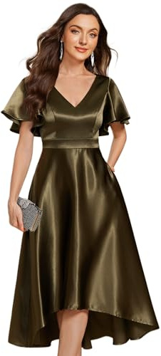 Ever-Pretty Women's Satin Evening Party Dress Midi Wedding Guest Dress High Low Design Bridesmaid Dress Olive Green 14UK