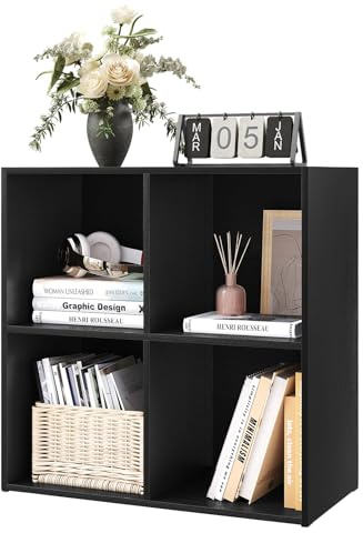 WOLTU Bücherregal mit 4 Fächern, Würfelregal, 59,6x59,8x29 cm, Schwarz | Bücherschrank Standregal Aufbewahrungsregal Raumteiler Büroregal, für Schlafzimmer Wohnzimmer Arbeitszimmer Büro
