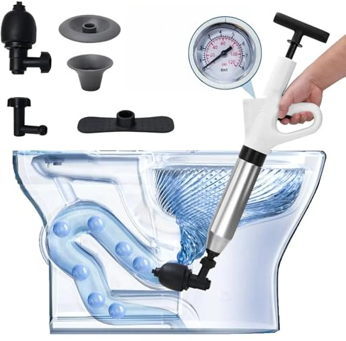 PCKOBEVER Heavy Duty High Pressure Toilet Plunger Kit | With 4 Replaceable Heads & Inflatable Footbed for Unblocking Kitchen & Bathroom Sink, Bathtub, Shower & Drain