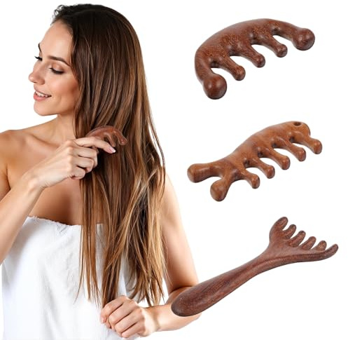 Lot de 3 peignes de massage en bois de santal pour cuir chevelu - Brosse de massage à dents larges - Outil de massage à dents rondes - Outil de massage pour le stress et la relaxation des cheveux