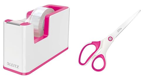 Leitz Set Klebeband-Tischabroller + Titan Qualitätsschere, Klebebandabroller mit festem Stand inkl. Klebeband, Schere für Rechts- oder Linkshänder (beidhändig), Weiß/Pink, WOW, 53641023 + 53192023