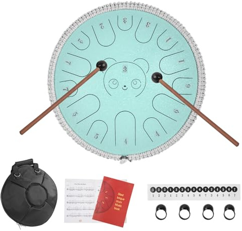 Truevaste Zungentrommel, 14 Zoll 15 Tone C-Dur Steel Tongue Drum mit Liederbuch, Schlägel, Fingersticks & Tragetasche, Handpan Instrument, Regentrommel für Meditation Yoga Klangheilung (Bärchen)