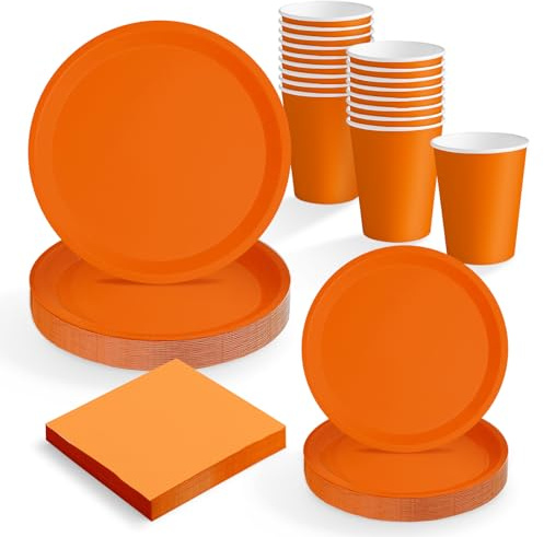 MAXI PRODUCTS - Set Vajilla Desechable Fiesta 20 Personas Naranja - 114 piezas- Vasos Cartón 270 cc + Platos Cartón Ø17 y Ø20,5 cm + Servilletas Papel 25x25 cm - Menaje para Cumpleaños y Eventos