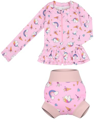 MOEMOE Baby badset, tvådelad baddräkt baby pojkar flickor, UV-skydd racervakt-set, badkläder med långärmad simskjorta och simblöjor, ROSA, 3 År