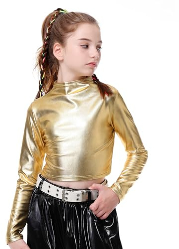 LOLANTA Metallisk kortärmad topp med halvkragar för flickor, glittrande danstopp för Hip-hop, Disco, scen och fester, Guld, 6-7 �r