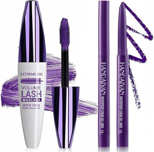 Juego de rímel y delineador de ojos morado, 5D coloreado líquido, para volumen, longitud, swing, impermeable, antiborrones, ideal para maquillaje de fiesta y escenario