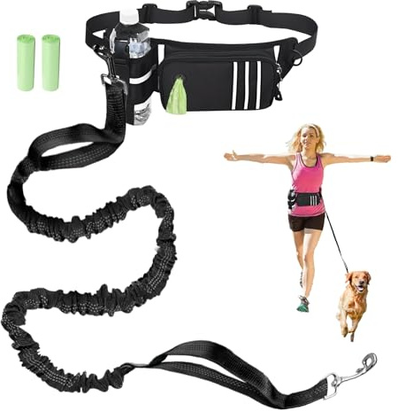 Hands Free Dog Lead for Medium Dogs - Adjustable Water-Resistant Running Waist Belt with Poop Bag Dispenser & Pouch for Large Small Dogs, Reflective Bungee Leash Dual Handles for Hiking