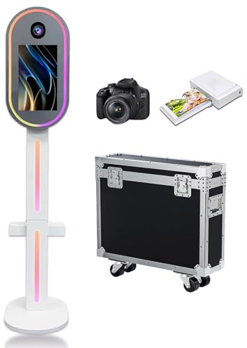 DSLR Photo Booth mit 15,6 Zoll Touchscreen, Photobooth Maschine mit Flight Case & RGB Licht für Hochzeit Abschlussfeier Party Events Verleih (Weiß, Photo Booth + Drucker + Kamera)