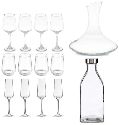 Set Completo di calici vino e fluit bicchieri acqua con decanter e bottiglia per una Tavola elegante 4 persone posti tavola 14 Pezzi in Vetro Design Modernoper Cena, Festa, Ricevimenti