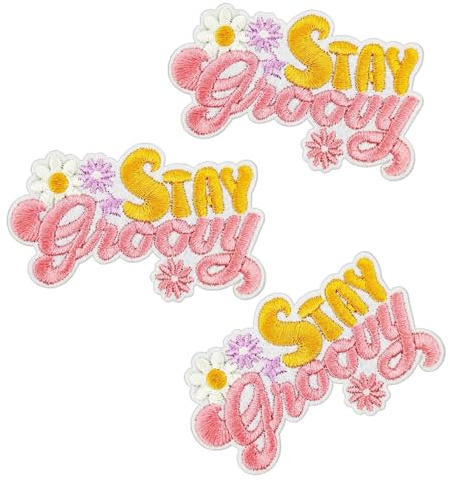 Flower Stay Groovy Embroidered Patch, 3Pcs Daisy Retro 70s Style Iron-On/Sew-On Floral Design Patch for Clothes Jacket Jeans Backpacks (Pink)