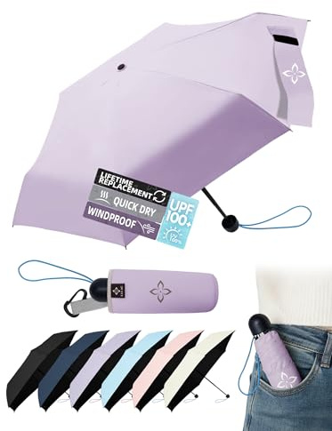 LILAC Mini Travel Umbrella for Rain - 43 Large Coverage Small Compact Umbrella, Reinforced Strong Frame, Lightweight Portable Parasol with UPF 100+ UV Protection, Gifts for Adults, Seniors & Students