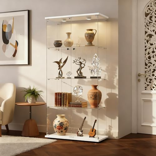 AilZylphera Glasvitrine mit LED, 2 Tür 4 Lagen Standvitrine mit Schloss, Vitrine Glas Sammlervitrine Vitrinenschrank Hochschrank für Wohnzimmer, Schlafzimmer, Büro, 80.6x36.5x164.5cm (Weiß)