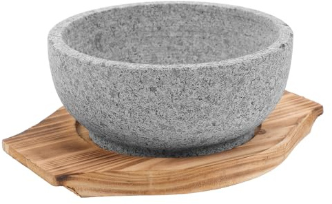 Angoily Ciotola di Pietra Naturale 16 CM 600 Ml per Bibimbap con Vassoio in Legno Carbonizzato, Resistente a Fiamma Libera per Cucina Coreana e Uso Quotidiano