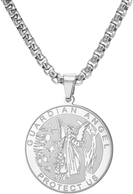 TEAMER Collier Ange Gardien Pendentif médaille religieuse Ange Gardien Bijou de protection, foi et force pour hommes et femmes (Argent)