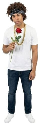 Pop Star Singer Costume Set – White T Shirt, Black Bandana, Black Afro Wig, Gold Chain & Red Rose Flower – Music Tour Romance Fancy Dress Outfit for Concerts Tours Halloween