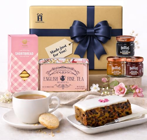 Hattie's Gifts Tea Lovers Gifts for Women, Afternoon Tea Hamper for 2 | English Breakfast Tea Tin, Iced Fruit Cake, Shortbread & Jams – Luxury Food Hamper