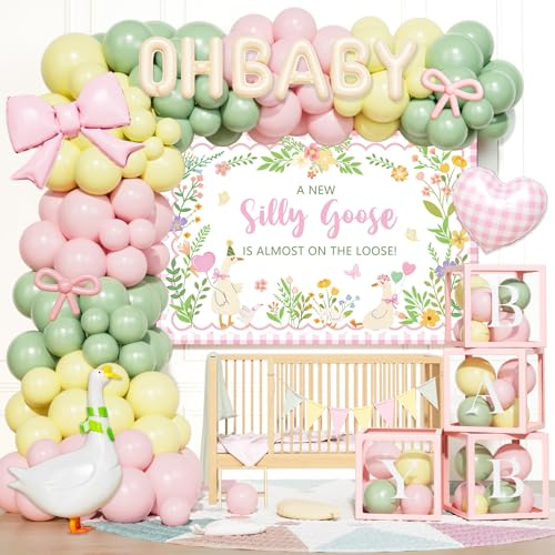 Fiesec Silly Goose - Decoración para baby shower para niña, un ganso tonto es casi suelto, suministros de fiesta con cajas de globos, corazón y lazo, kit de arco de globos verde, amarillo, rosa