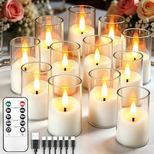 12 Pack Small Rechargeable Acrylic Flameless Candles with Remote Timer | 4 x 6.5cm LED Tea Light Flickering Votive Mini Candles Battery Operated for Home Table Halloween Party Wedding Decor