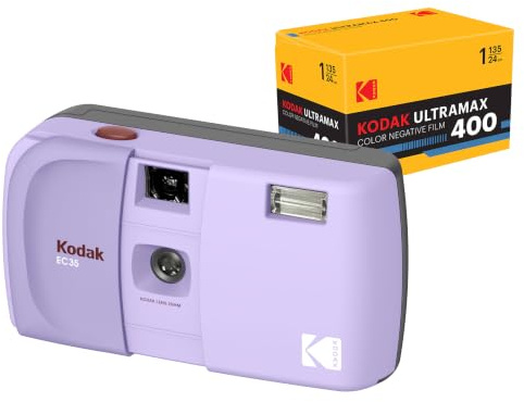 KODAK EC35 Appareil Photo 35 mm, réutilisable, sans Mise au Point, Flash intégré, Couvercle Coulissant, adapté aux débutants (Lavande) avec Rouleau de Film Kodak Ultramax 400/24EXP 35 mm