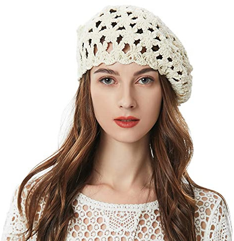 ZLYC Damen Baumwolle Häkelmütze Barette Handgemacht Retro Aushöhlen Strickmütze Frühling Sommer Leicht Elegant Baskenmützen (Beige),Einheitsgröße