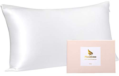 PiccoCasa Seide Kissenbezug 40x80 Kissenbezug aus 100% Seide 22 Momme kopfkissenbezug Haare und Hautpflege mit Reißverschluss & Geschenkbox Weiß 40x80cm