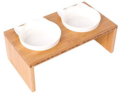 Dehner Doppel-Katzennapf, ca. 27 x 15 x 9 cm, je 175 ml, Bambus/Melamin, weiß