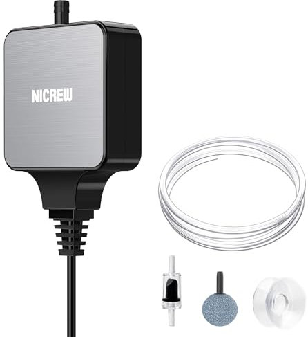 NICREW Bulleur Aquarium Ultra-silencieuse <33 DB, Nano Silent Mini Pompe à Air Aquarium jusqu'à 40L avec Un Pierre à Bulles, 18 L/H, 1,5W