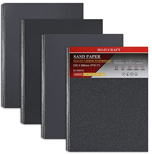 Mojucraft Nassschleifpapier-Set, 20 Blätter (230x280mm) für Metall, Holz, Auto, Keramik, Glas | 4 Körnungen (280/400/600/1000) | fein bis ultrafein