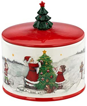 Gebäckdose Keramik rot-weiß - 14,5 x 15,2 cm runde Keksdose mit Christbaum-Deckel, glatt & dekorativ - festliche Plätzchendose zur Aufbewahrung von Gebäck für Weihnachten & Geschenkidee
