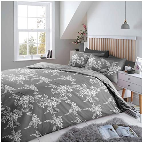 100% Brushed Cotton Duvet Cover, Printed Flannelette Bedding Set, Reversible Bed Covers, Grey, King
