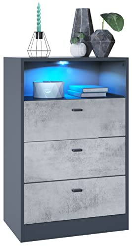 Vladon Kommode Pino V2, Made in Germany, Anrichte mit 3 Schubladen & 1 offenem Fach, Anthrazit matt/Beton Oxid Optik mit LED RGB (56 x 86,5 x 36 cm)