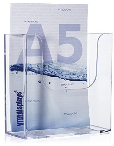 5 Stk. DIN A5 Wand-Prospekthalter mit besonderer Fülltiefe von 6.5 cm. Dieser Wandprospekthalter eignet sich optimal als Flyerhalter (Wandmontage) für Flyer, Kataloge und Prospekte im DIN A5 Format