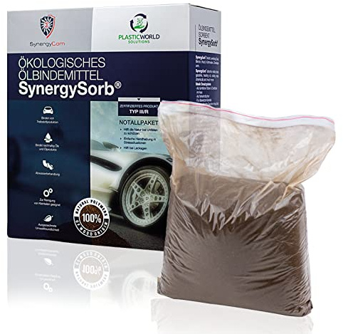 SynergySorb® 5kg | Öl-Bindemittel Typ III R Ökologischer Öl-Binder aus Lignin, DEKRA-zertifiziert | Starke-Sichere-Chemikalien-Oil-Bindung | Notfall- & Werkstattpaket Nachhaltig Bindestark