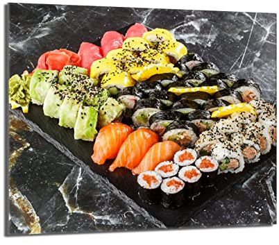 Herdabdeckplatte 60x52 Einteilig Glas für Elektroherd und Induktion Herdschutz Spritzschutz Glasplatte Deko Schneidebrett, Marmor Sushi