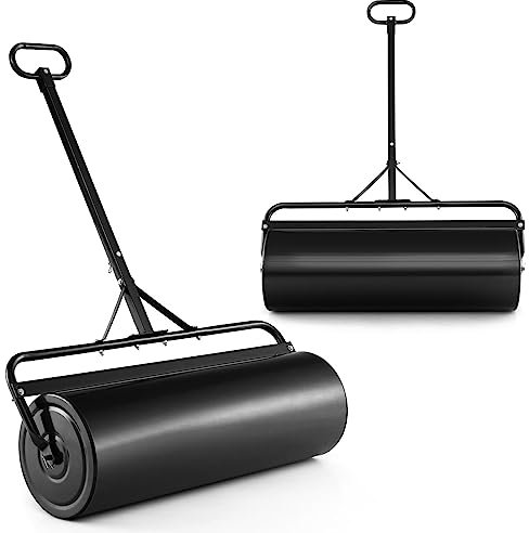 GiantexUK 48L/63L Garden Lawn Roller, Water/Sand Filled Lawn leveller with Scraper Drum & Removable Drain Plug, Heavy Duty Metal Lawn Push Rolling Tool for Grass Seed (63L, 137cm T-Handle, Black)
