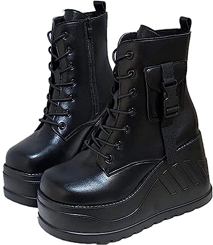 Zapatos De Plataforma De Tacón Alto para Mujer, Botas De Tacón De Cuña De Plataforma Gótica De 8 Cm, Botines Punk Cremallera Lateral Botas De Combate De Moto Negras,Negro,37