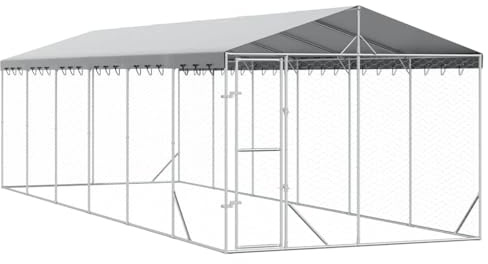 vidaXL Outdoor Hundezwinger, Hundehütte mit Dach, Hundekäfig für den Außenbereich, Hühnerstall Hundezaun Hundeauslauf, Silbern Verzinkter Stahl