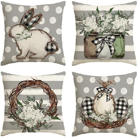 Artoid Mode Set di 4 federe per cuscino pasquale con conigli, 45 x 45 cm, per la primavera, Happy Easter