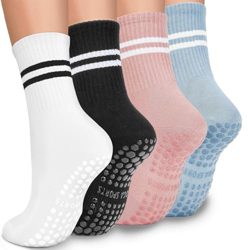 EUDUQ Stoppersocken Damen 35-40, 4 Paar Antirutschsocken mit Noppen für Yoga, Pilates, Barre, Trampolin und Sportsocken (Schwarz/Weiß/Hellblau/Rosa)