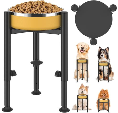KAZITOO Elevated Raised Dog Bowl Stand, 4 Adjustable Heights 6-10 Wide Single Raised Dogs Food Water Bowls Holder Upgrade Metal Dog Feeder with Tray for Large Medium Small Dogs(excluding bowl)