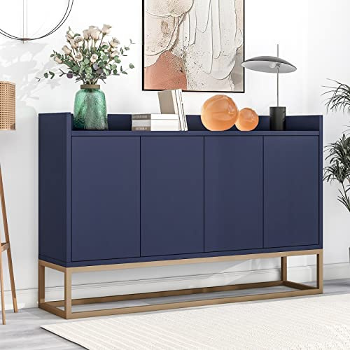 Blanketswarm Schrank 120×30×80cm,Modernes Sideboard im minimalistischen,Golden Metallbein,Grifflose Buffetschrank für Wohnzimmer & Esszimmer,4 Türen, Blau