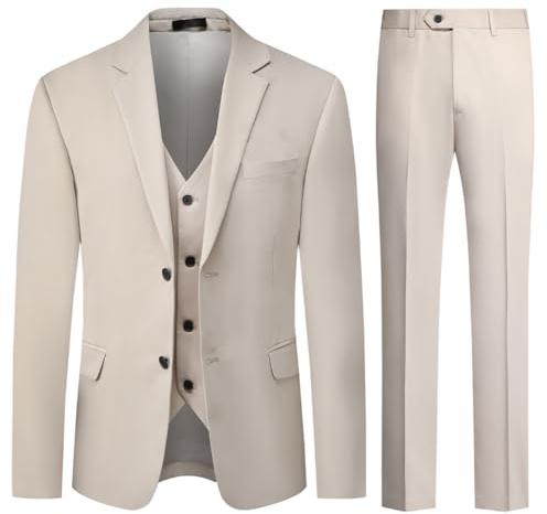 Allthemen Abito da Uomo Elastico 3 Pezzi Completo da Uomo Tinta Unita con Due Bottoni Slim Fit Formale Blazer Pantaloni Gilet Beige 3XL
