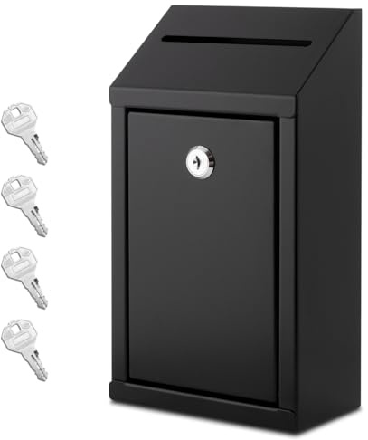 EIENHOSHI Metal Donation Box with Lock, Wall Mounted, Suggestion Box with 4 Iron Keys, Black, Cash Drop Box with Slot, 1-Pack