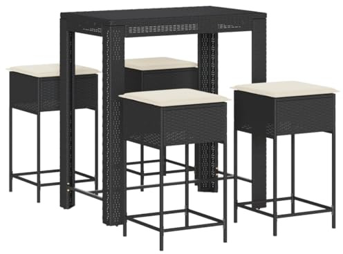 vidaXL Gartenbar Set 5-TLG., Gartenmöbel mit Kissen, Bartisch Stehtisch Barhocker Barstuhl, Theke Bar Tresen Gartentheke Sitzgruppe, Schwarz Poly Rattan