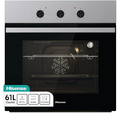 Hisense BI62120AX - Forno multifunzione, 3 manopole Push Pull, cavità 61l, 7 funzioni, AcquaClean, 2 vetri, funzione pizza 250°, classe A, inox, Basico