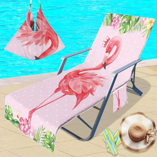 Treer Beach Chair Cover Towel, Microfiber Beach Towel 3D Flamingos Beach Sunbed Towels, Portable Sun Lounger Towels with Pockets, Towel for Beach Garden Vacation (Flamingos C,210x75cm)