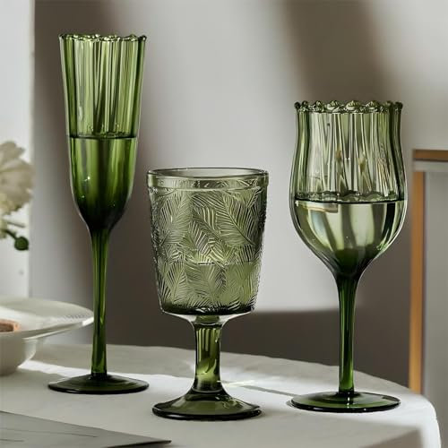 Lot de 3 verres à vin vintage verts nervurés en relief, 384,5 g, verres à pied verts, flûtes à champagne, verres colorés en cristal pour fête de mariage, bar, décoration d'intérieur