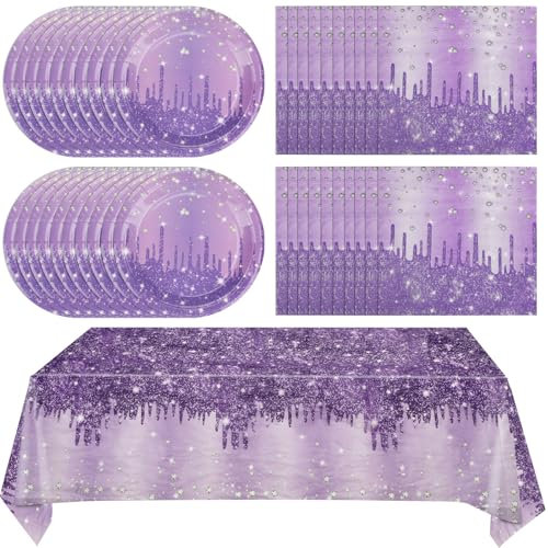 Lot de 41 décorations de fête d'anniversaire violettes, vaisselle de fête d'anniversaire comprenant 20 assiettes en carton, 20 serviettes et 1 nappe, vaisselle violette pour femmes, filles, hommes,