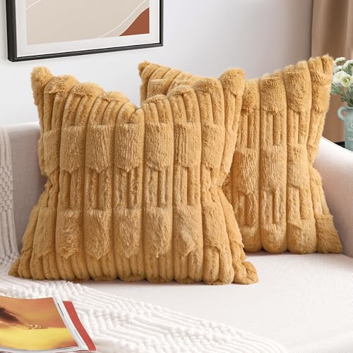 ZWJD 2er Set Gelb Kissenbezug 45x45 Kunstpelz Plüsch Kissenbezüge Weiche Kissenhülle Flauschig Dekokissen Moderne Kissen Deko für Wohnzimmer Sofa Schlafzimmer Auto Dekor Sofakissen 45 x 45cm