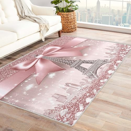 Teppich Mit Rosa Schleifen - Teppich Wohnzimmer Schlafzimmer Paris Eiffelturm, Großer Teppich Teenager Mädchen, Weich Kurzflor & Waschbar & rutschfest Wohnzimmerteppich, Kinderteppich, 100x200 cm